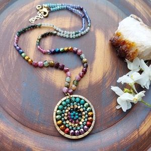 Rainbow knotted gemstone mandala necklace